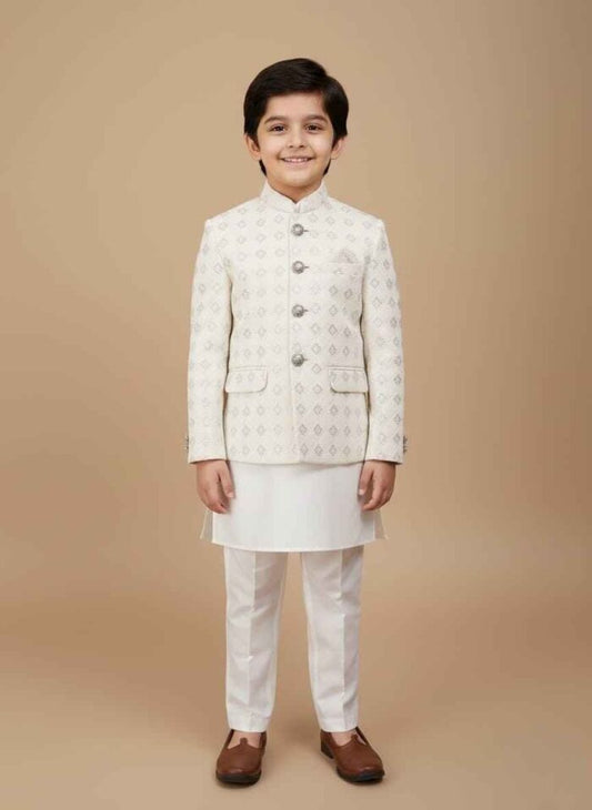 Off White Jamawar Dress Coat for Boys | Stitched Kids Wear