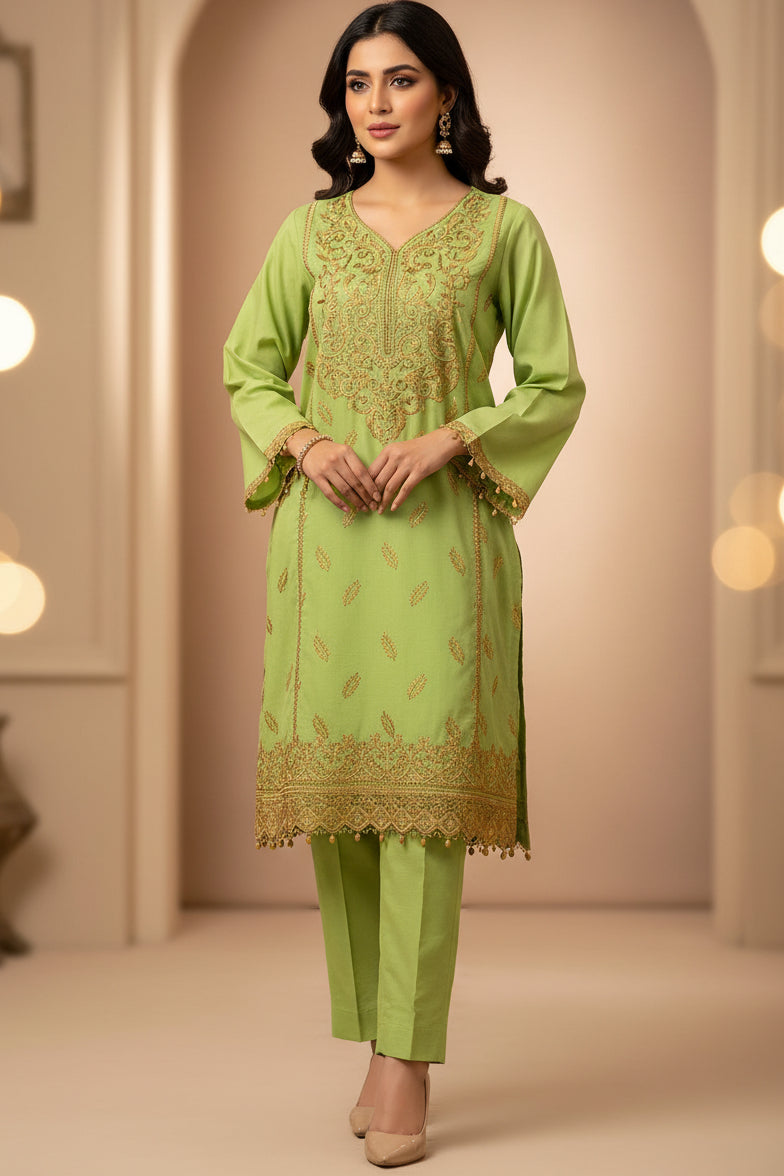 Hand Printed Light Green Cotton Suit | Gelani Summer Wear