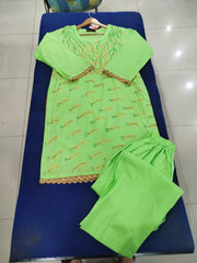 Hand Printed Light Green Cotton Suit | Gelani Summer Wear