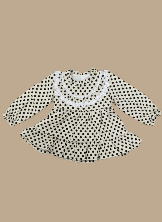 Charming Black & Light yellow Baby Polka Dot Dress with Lace Collar & Ruffles