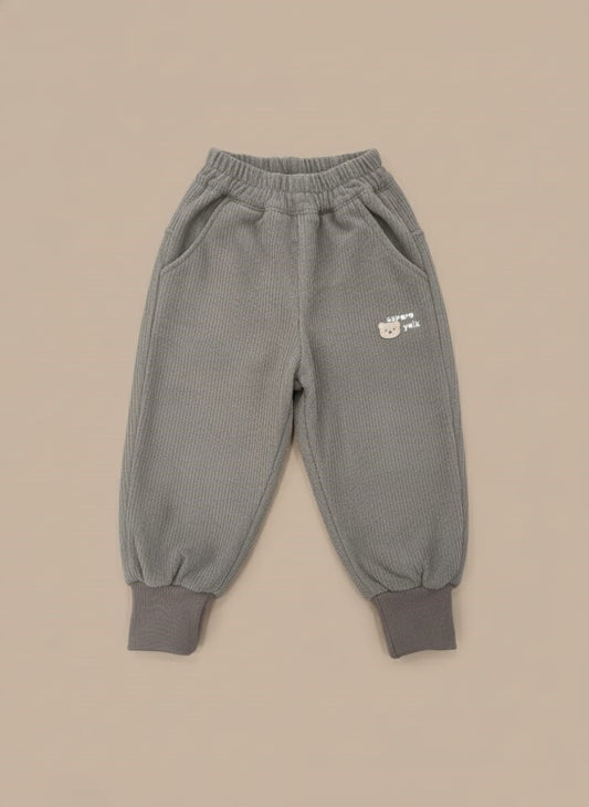 Cozy Grey Ribbed Baby Pants with Bear Embroidery