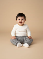 Cozy Grey Ribbed Baby Pants with Bear Embroidery
