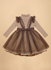 Elegant Brown Girls Party Dress with Tulle Skirt and Knitted Sweater Top