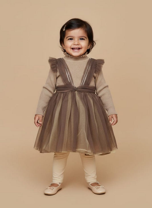 Elegant Brown Girls Party Dress with Tulle Skirt and Knitted Sweater Top