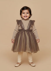 Elegant Brown Girls Party Dress with Tulle Skirt and Knitted Sweater Top