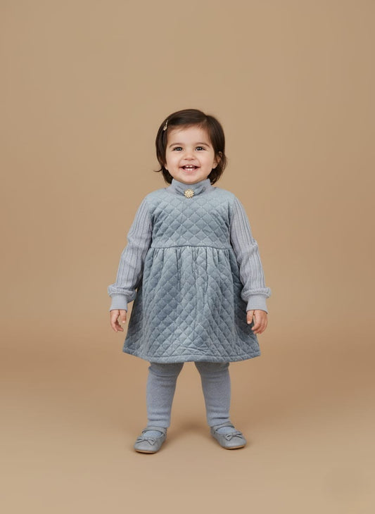 Girls Quilted Sweater Dress Cozy Blue Winter Wear for Toddlers