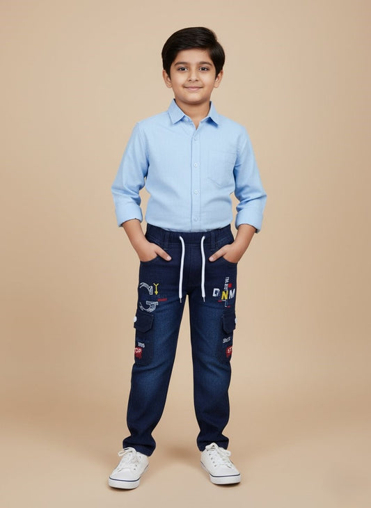 Boys’ Stylish Navy Blue Cargo Pants with Graphic Prints