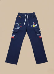 Boys’ Stylish Navy Blue Cargo Pants with Graphic Prints