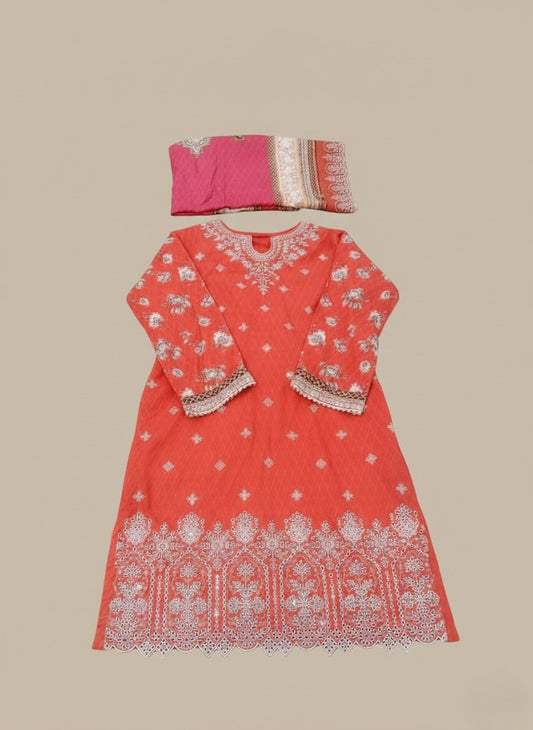 Elegant Embroidered Coral Red 3 Piece Lawn Suit for Women
