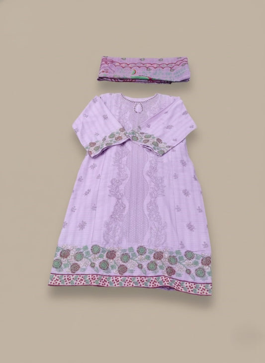 Elegant Lavender Cotton Embroidered 3-Piece Suit for Women