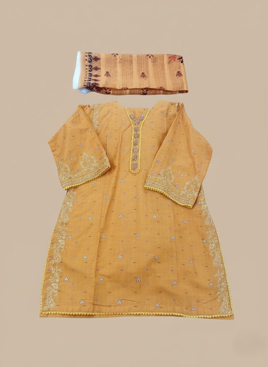 Elegant Mustard Embroidered Cotton 3PC Suit with Chiffon Dupatta