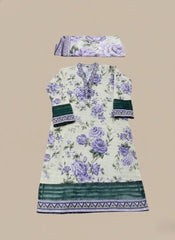 Elegant Purple Floral Printed Lawn Dress with Contrasting Green Accents & Dupatta