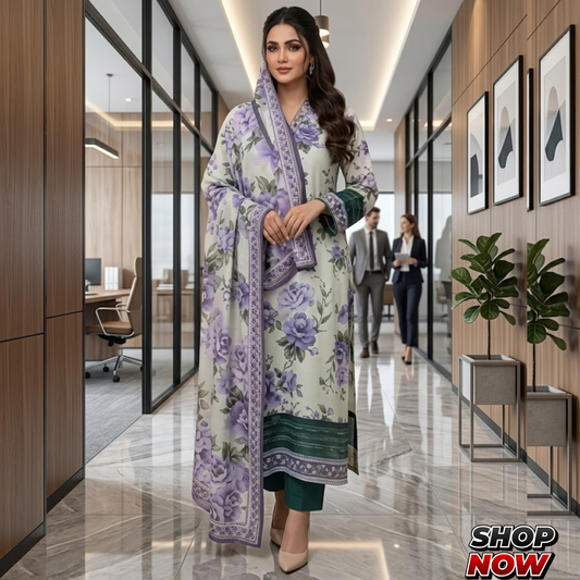 Elegant Purple Floral Printed Lawn Dress with Contrasting Green Accents & Dupatta
