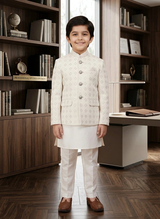 Off White Jamawar Dress Coat for Boys | Stitched Kids Wear