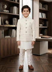 Off White Jamawar Dress Coat for Boys | Stitched Kids Wear