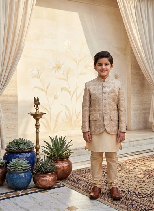 Light Gold Jamawar Dress Coat for Boys | Gelani Kids