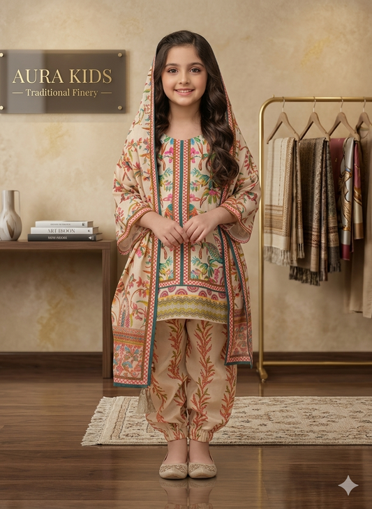 She Club 2Pc stitched suit for girl – Cream Printed Cotton