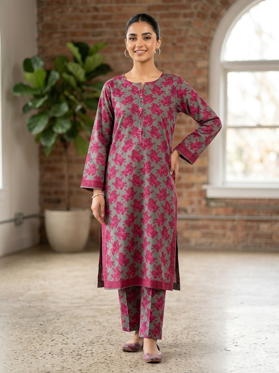 Stitched Pink and Gray Lawn Suit | Gelani Summer 2pc