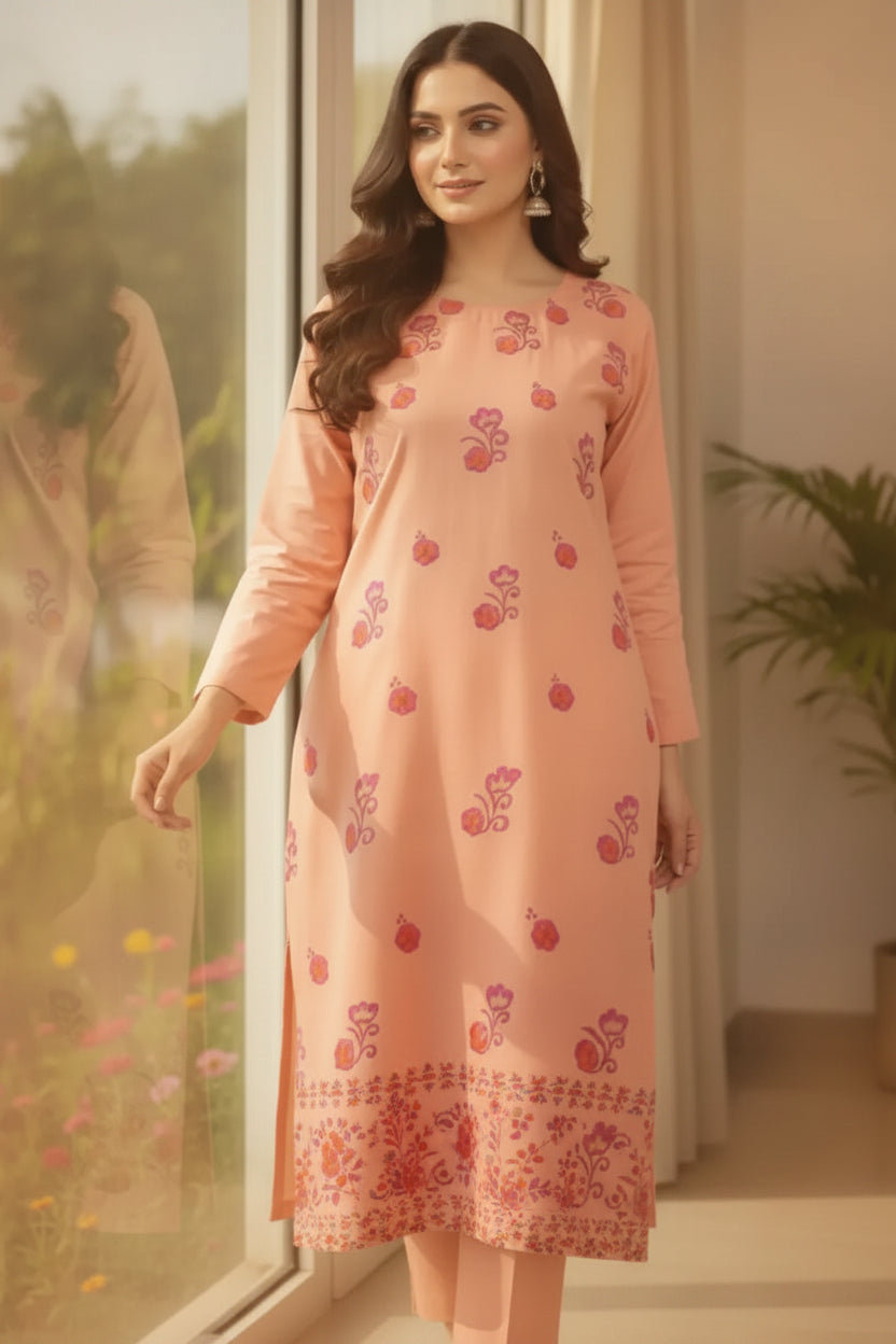 Hand-Painted Peach Cotton Kurta for Women – Floral Design Stitched 2-Piece