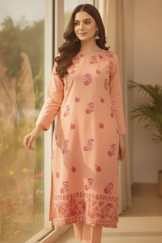Hand-Painted Peach Cotton Kurta for Women – Floral Design Stitched 2-Piece