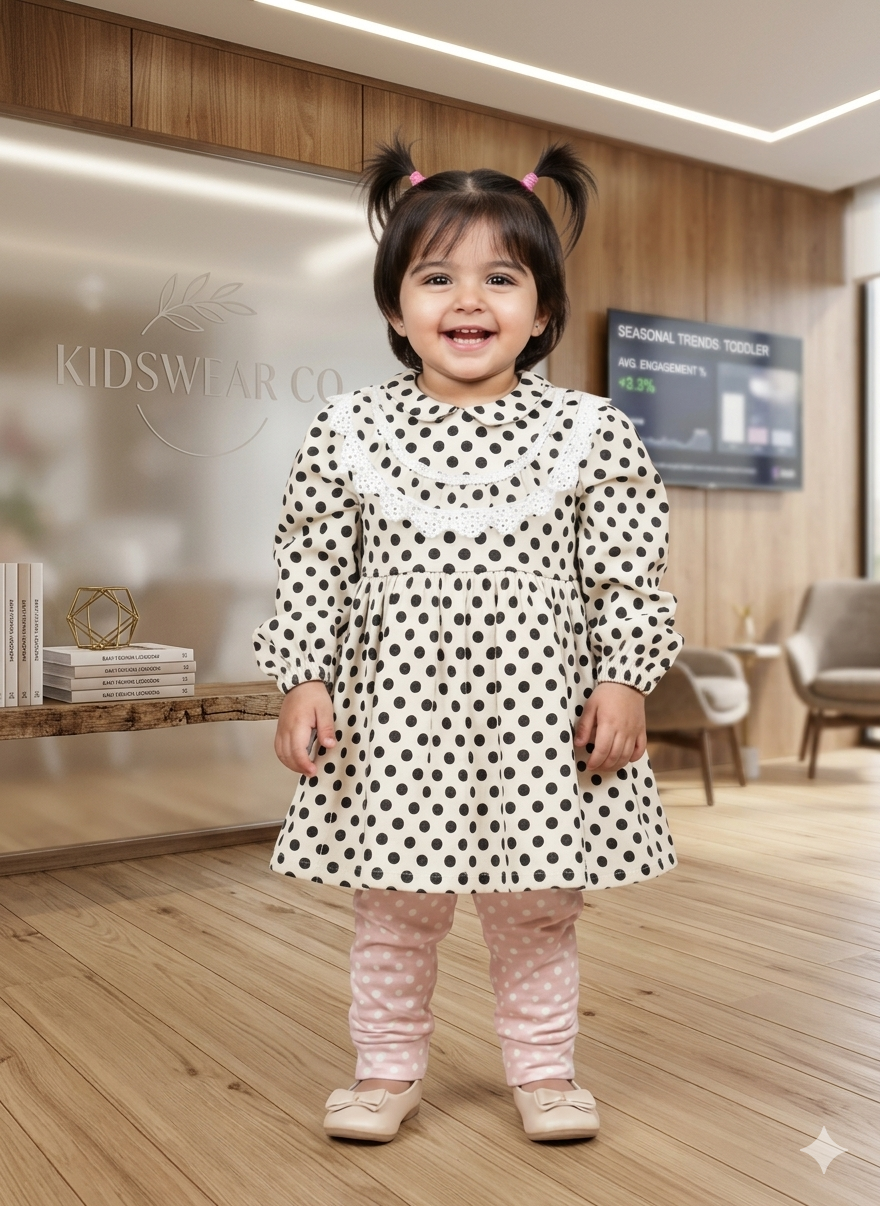Charming Black & Light yellow Baby Polka Dot Dress with Lace Collar & Ruffles