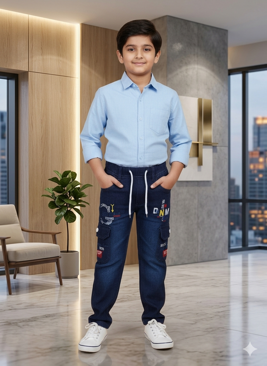 Boys’ Stylish Navy Blue Cargo Pants with Graphic Prints