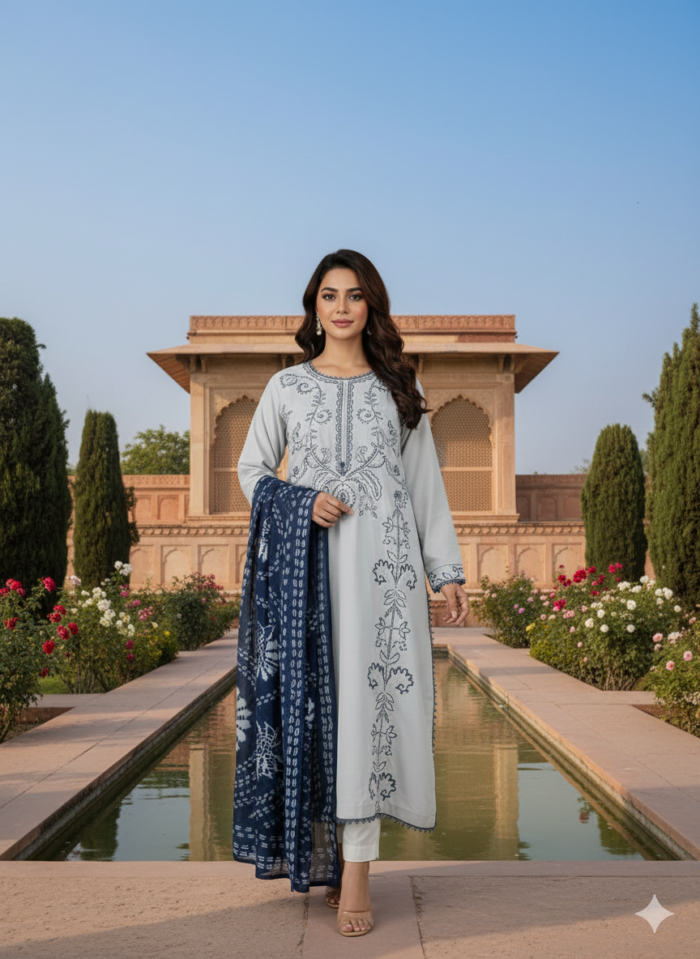 Elegant Embroidered 3 Piece Lawn Suit with Tie & Dye Dupatta