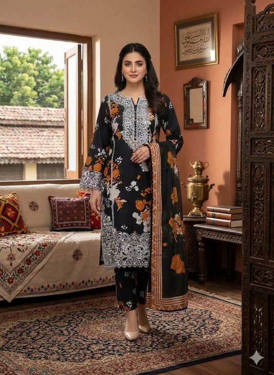 Elegant Women’s Floral 3PC Suit – Black, Orange & White Printed Traditional Wear