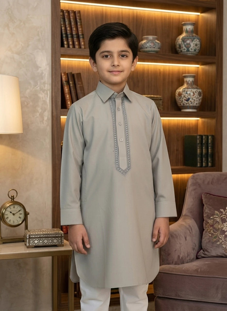 Premium Boys Grey Kameez with Embroidered Placket – Elegant Traditional Kurta for Kids