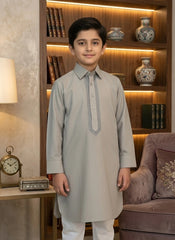 Premium Boys Grey Kameez with Embroidered Placket – Elegant Traditional Kurta for Kids