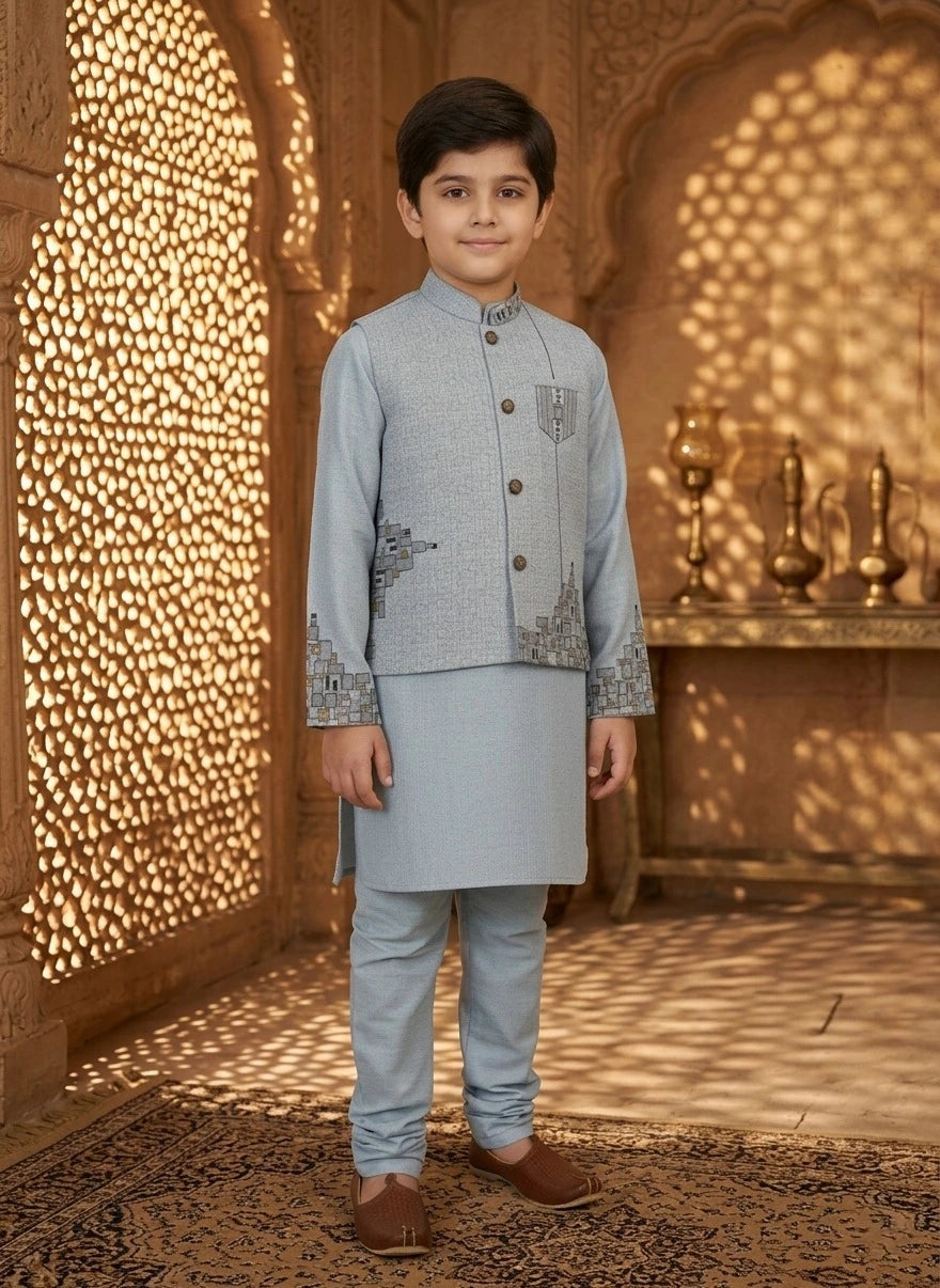 Boys Blue Waistcoat Suit – Stylish 3-Piece Ethnic Outfit for Kids