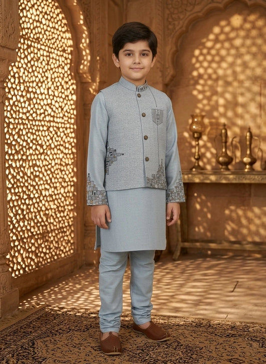 Boys Blue Waistcoat Suit – Stylish 3-Piece Ethnic Outfit for Kids