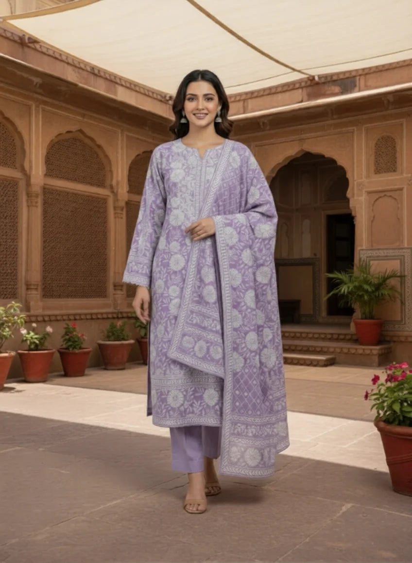Lavender Khaddar 3 Piece Suit stitched – Elegant Winter Collection