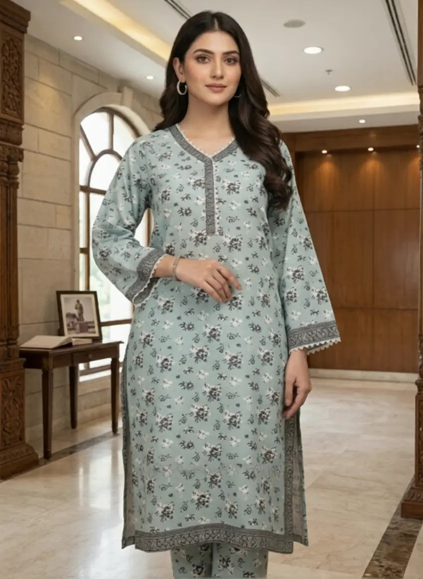 Fresh Women’s Floral Suit – Light Blue Printed Tunic & Trousers Set