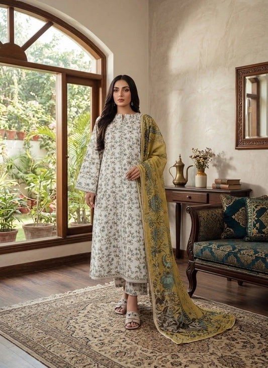 3 PC Unstitched Lawn Fabric with Floral Print – Summer Collection