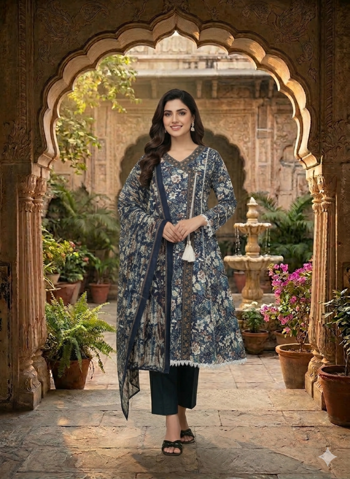 Elegant Women’s Floral Suit – Navy Printed Tunic with Trousers & Dupatta