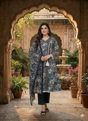 Elegant Women’s Floral Suit – Navy Printed Tunic with Trousers & Dupatta