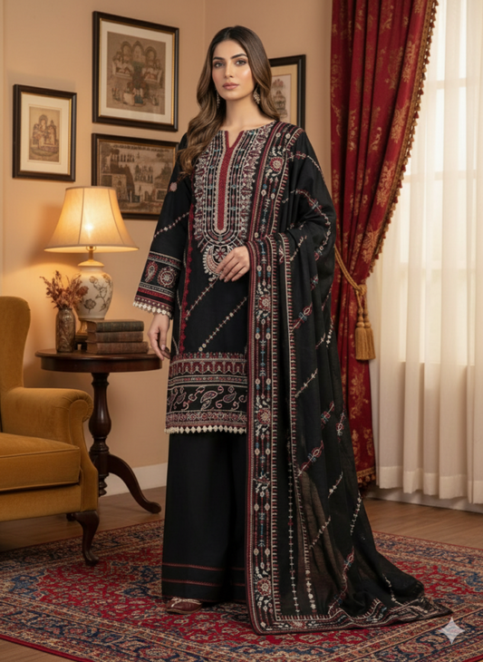 QALAMKAR Premium Embroidered Luxury Dhanak 3-Piece Suit