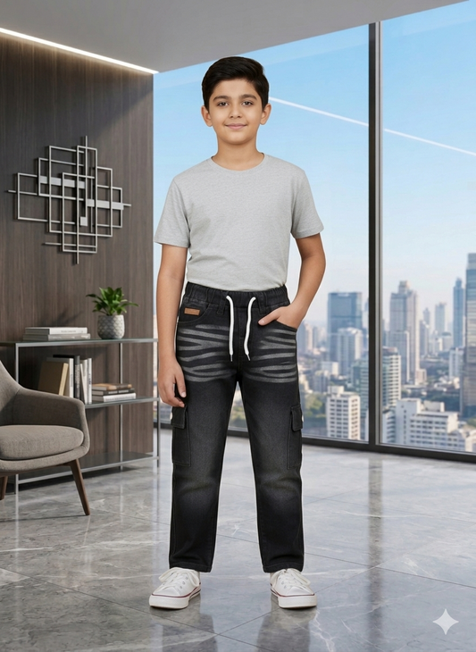 Kids Black Cargo Jeans with Drawstring Waist