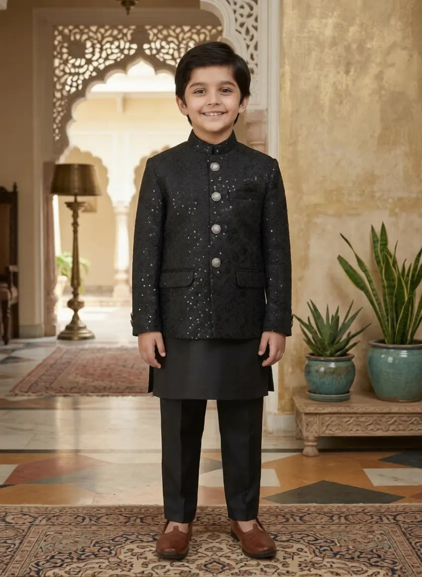 Black Jamawar Dress Coat for Boys | Stitched Kids Wear