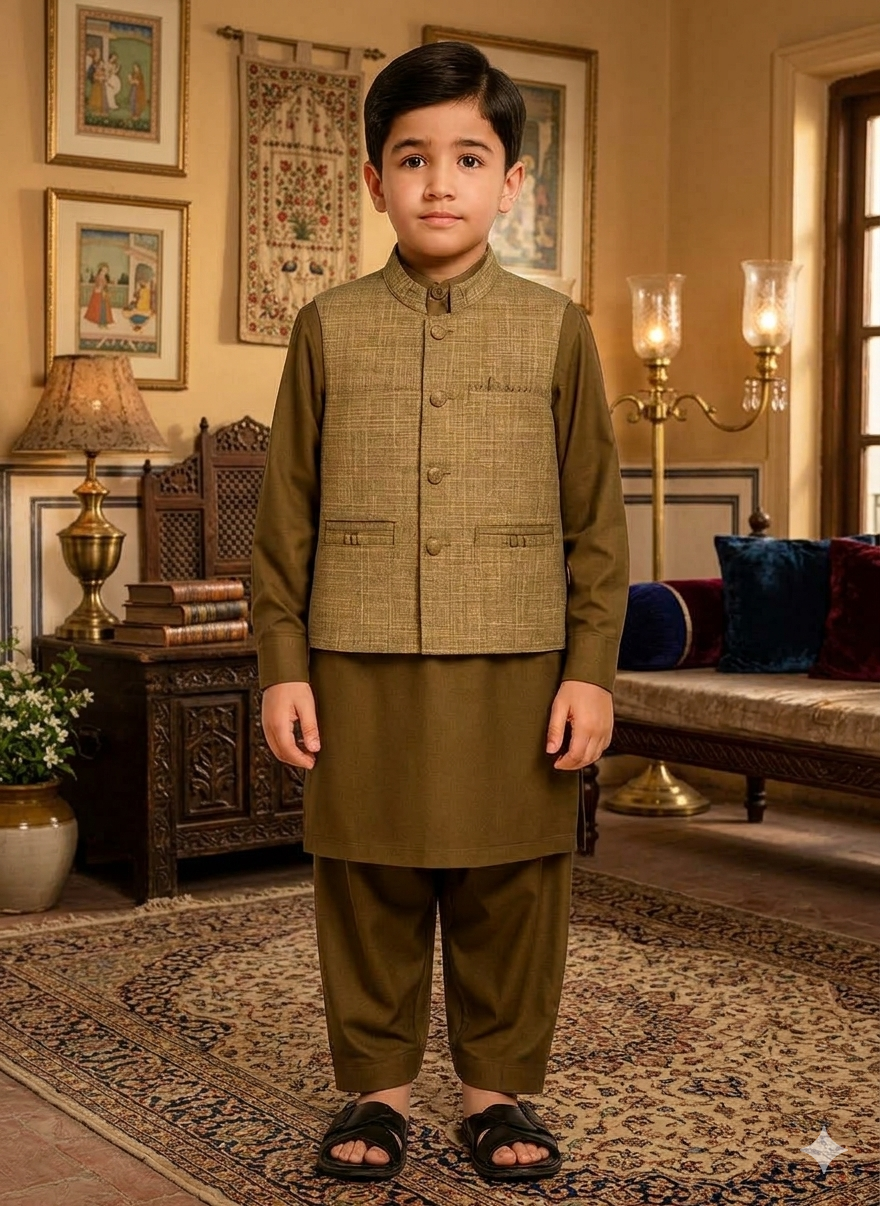 Boys’ Olive Kameez Shalwar with Textured Beige Waistcoat – Elegant Ethnic 3-Piece Set