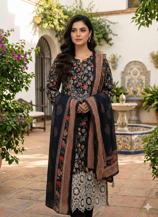 Traditional Embroidered 3 Piece Lawn Suit with Dupatta