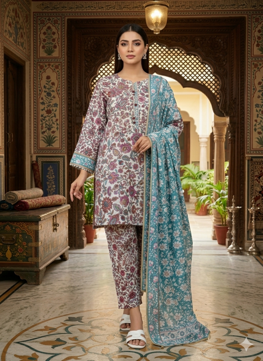 Floral Print 3 PC Unstitched Lawn Fabric – Summer Collection Dress Material