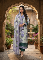 Elegant Purple Floral Printed Lawn Dress with Contrasting Green Accents & Dupatta