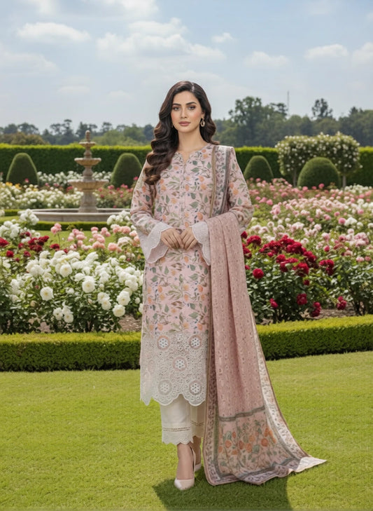 Pink Floral Embroidered Lawn Suit 3-Piece