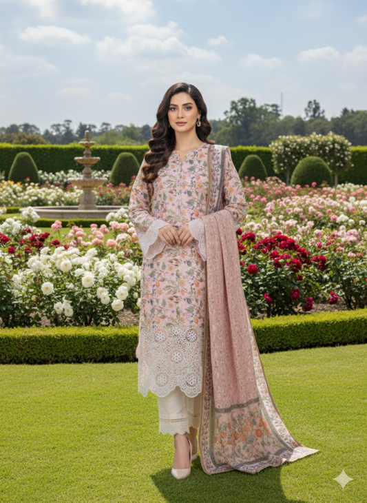 Pink Floral Embroidered Lawn Suit 3-Piece