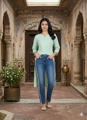 Women’s Blue Denim Jeans with White Side Stripes – Trendy & Comfortable