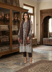 Chic Brown Floral Printed Lawn Dress with Embroidered Details & Dupatta
