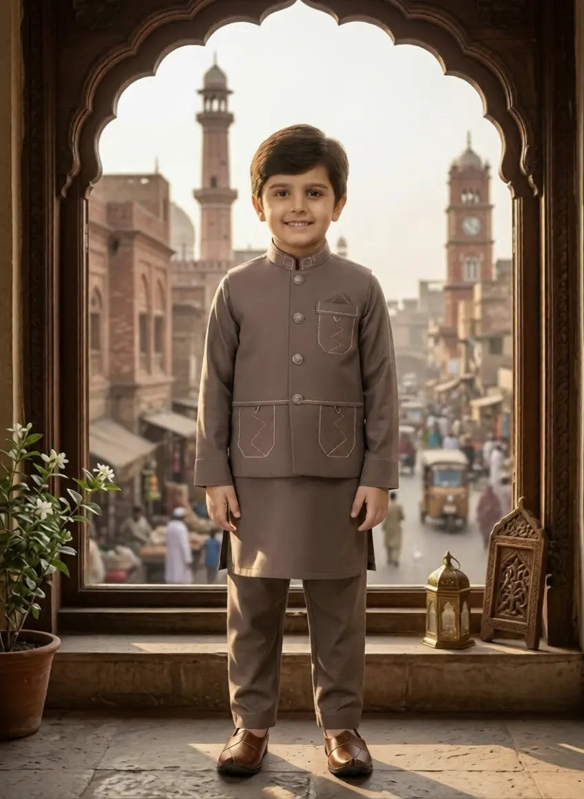 Buy Brown Waistcoat Suit for Boys | Gelani Summer Collection – Stylish 3-Piece Outfit