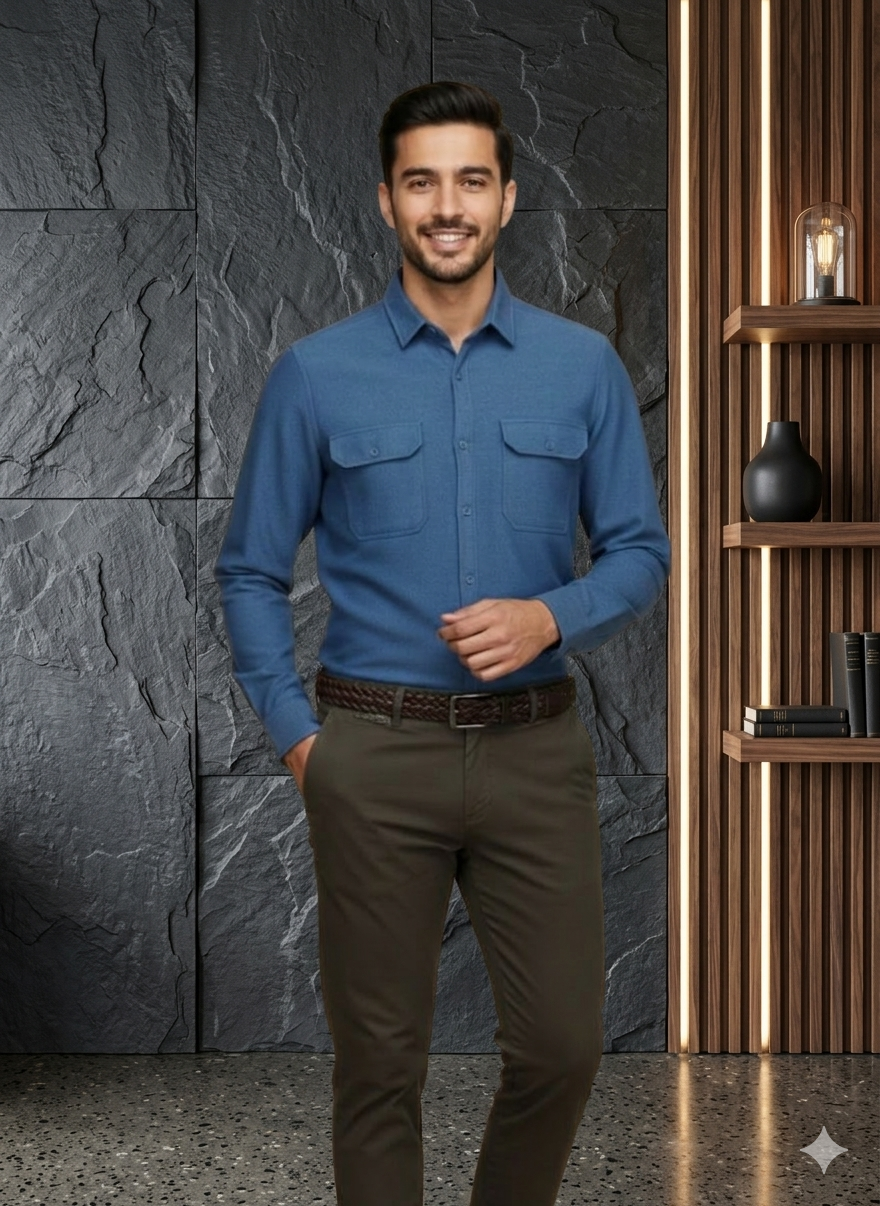 Men’s Stylish Blue Textured Button Up Shirt